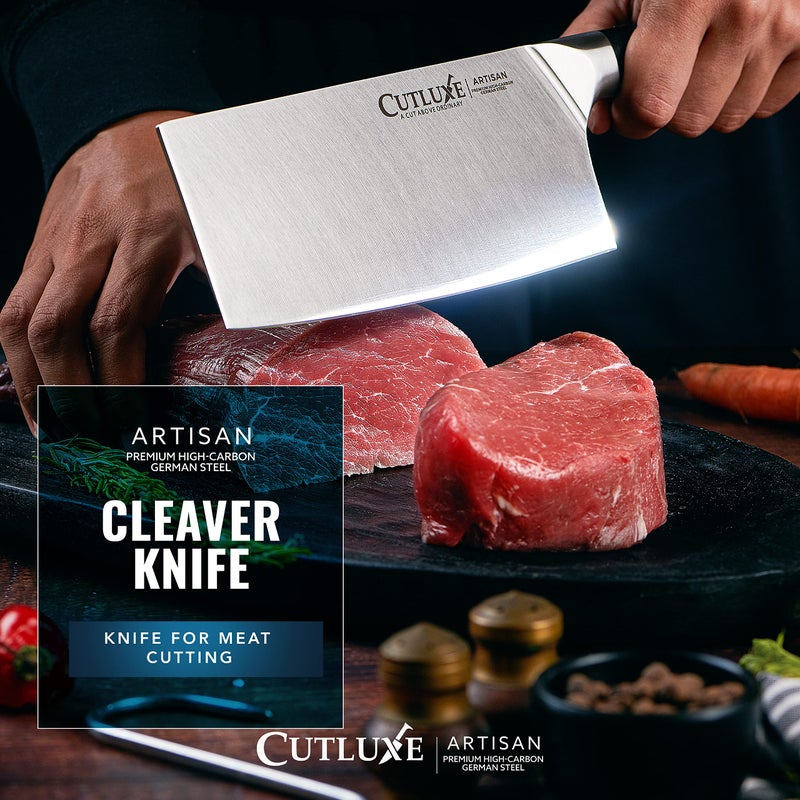 Cutluxe Cleaver Knife - 7" Meat Cleaver, Butcher Knife for Meat Cutting â€“ German Steel Blade, Full Tang, Ergonomic Handle Design â€“ Artisan Series - Image 4